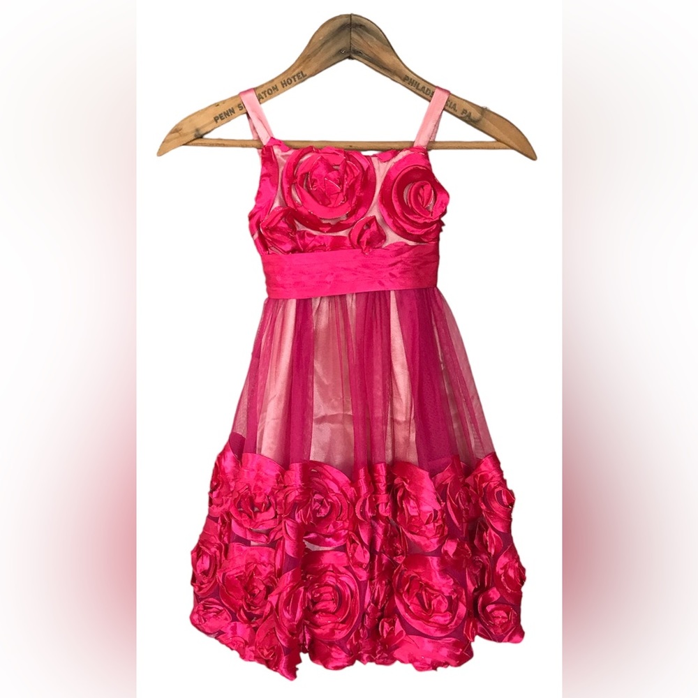 Bonnie Jean Hot Pink Rosette Tulle Party Dress